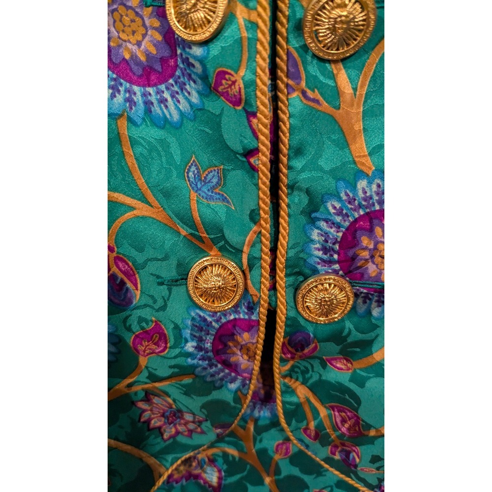 Adrianna Papell Skirt Suit 12 Teal Silk Floral Jacquard Vintage Gold Button 90s - Picture 5 of 8